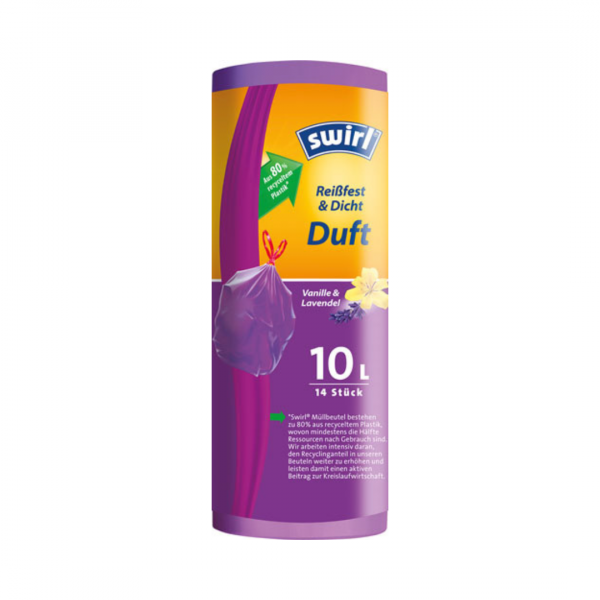 Swirl Duft-Müllbeutel Reißfest & Dicht 10 Liter Vanille & Lavendel, mit Zugband, violett/blickdicht, aus 80 % recyceltem Plastik